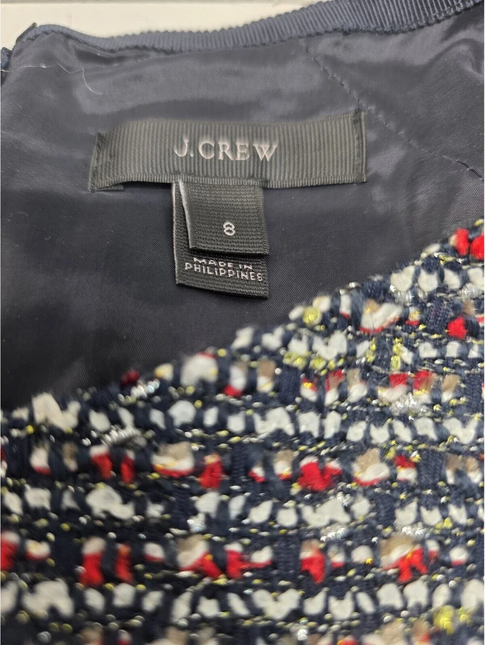 J.Crew Size 8 Tweed Sheath Dress Metallic Fringed Waist Short Sleeve Old Money